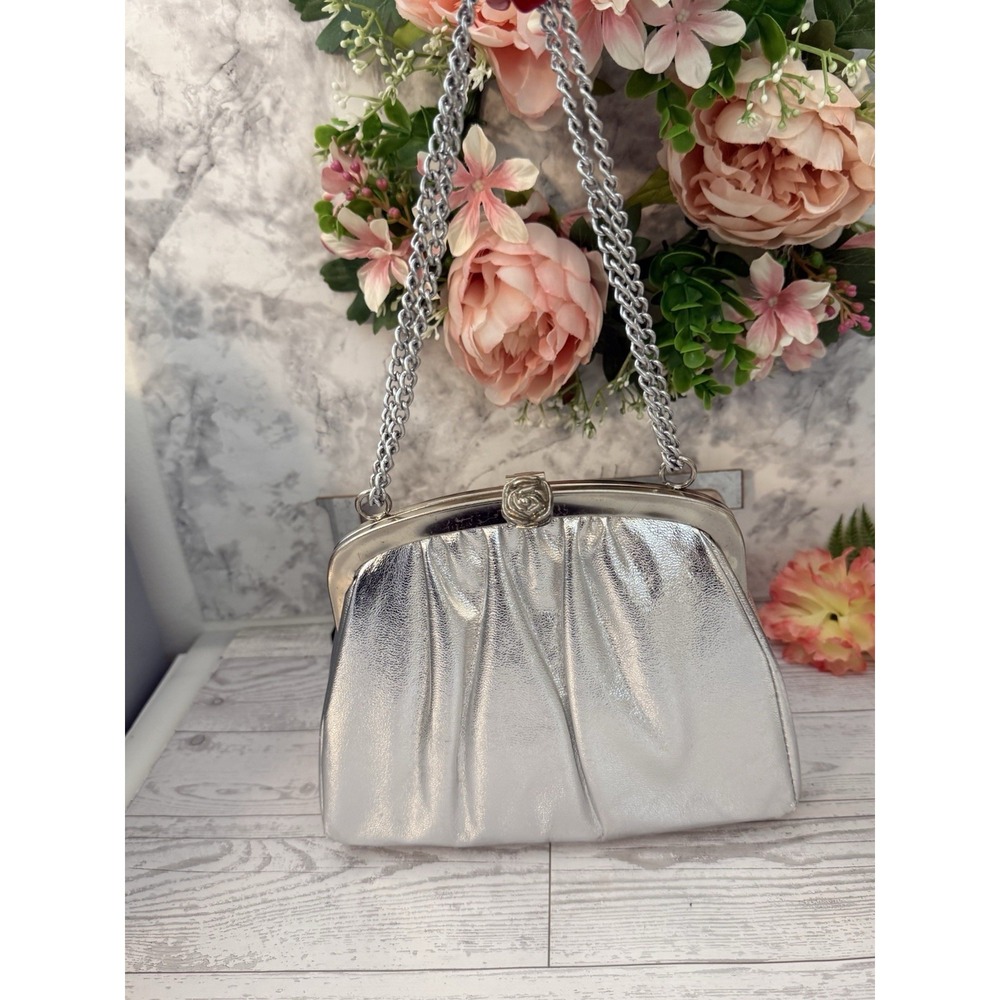 Vintage 1960s Silver Evening Bag Metal Rose Clasp Double Chain Handles Lined GUC